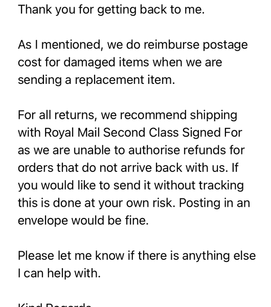 Returning faulty item - company want me to send prepaid envelope to them?