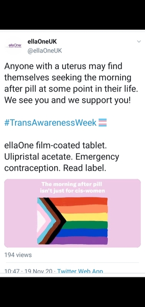 EllaOne (morning-after pill brand) goes woke on twitter.