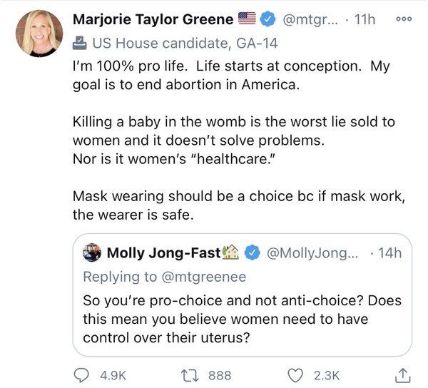 New American congresswoman is “100% pro-life” but when it comes to face masks it’s “my body, my choice”.