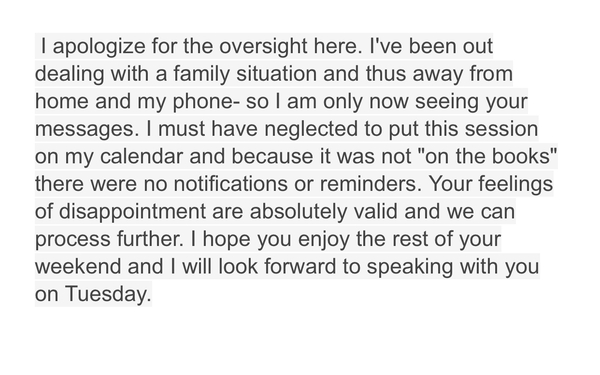To be appalled my therapist/counsellor simply failed to show up for appt?