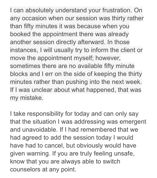 To be appalled my therapist/counsellor simply failed to show up for appt?