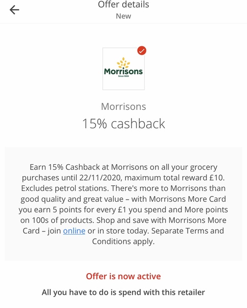 15% cashback at Morrison's with Santander (until 22/11)