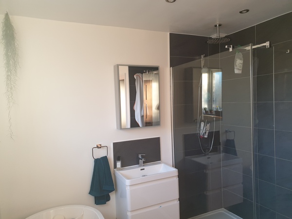 Colour with charcoal grey bathroom tiles