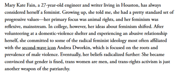Atlantic has an article about "anti-trans feminism" and of course Mumsnet is mentioned