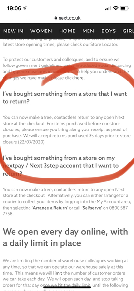 Can I return clothes purchased in store to Next Home?