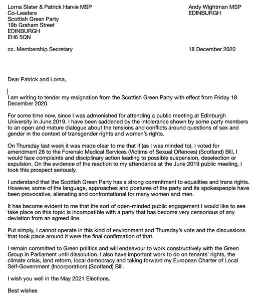 Andy Wightman has resigned from the Scottish Greens