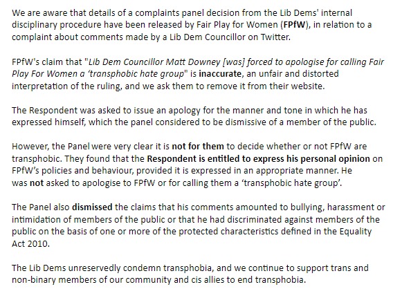 Lib Dem Councillor Matt Downey forced to apologise to FPFW.