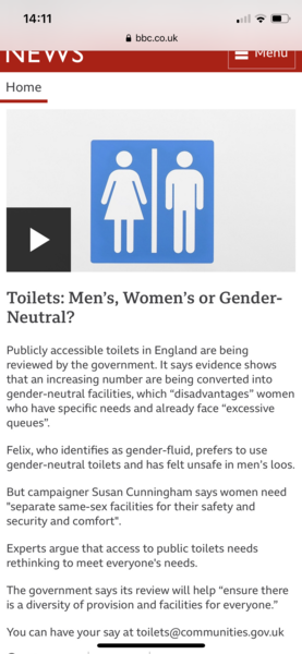 BBC article - women disadvantaged by excessive queues but gender neutral people feel unsafe in the mens.