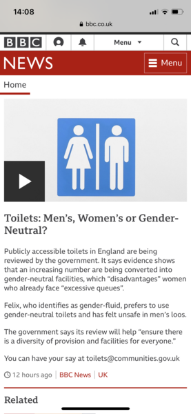 BBC article - women disadvantaged by excessive queues but gender neutral people feel unsafe in the mens.