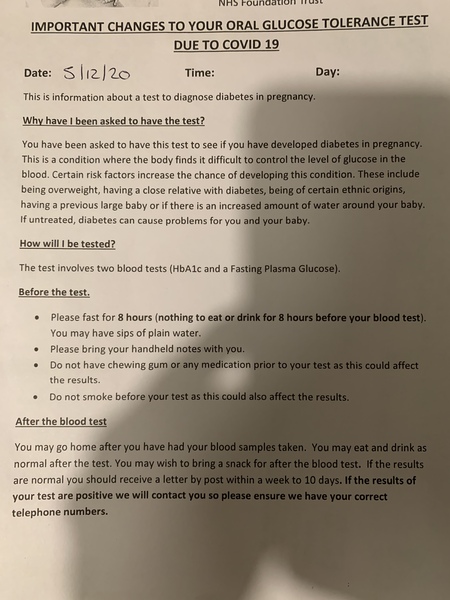 Help I have lost my letter! Glucose tolerance test
