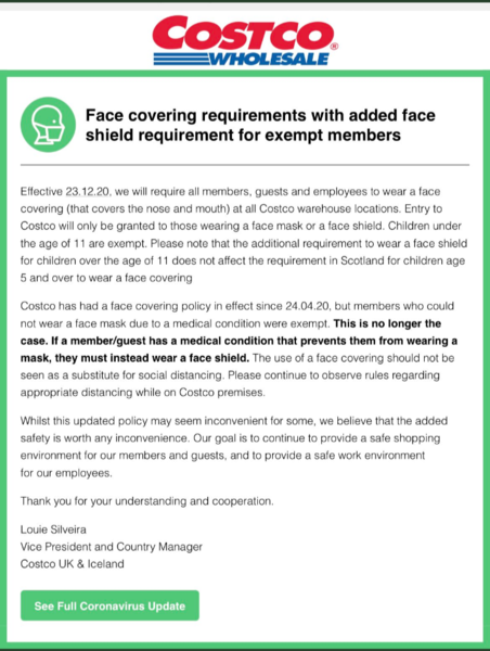 Costco denying entry to mask exempt unless they wear a shield