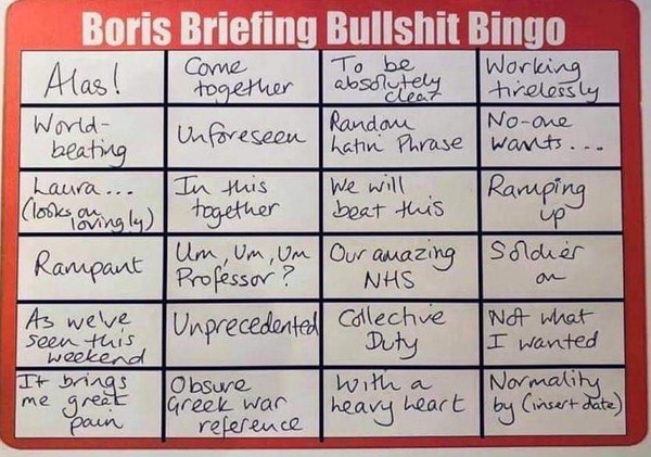 What's on your Boris Bullshit Bingo card for tonight?