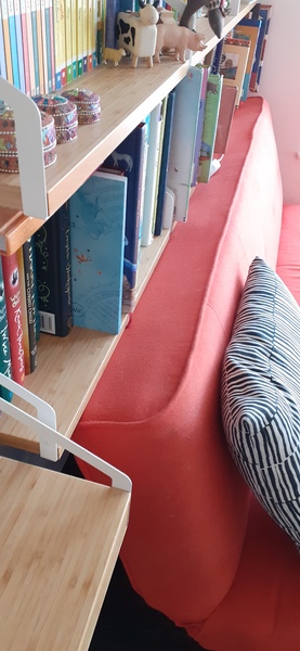 Book shelves above a sofa.
