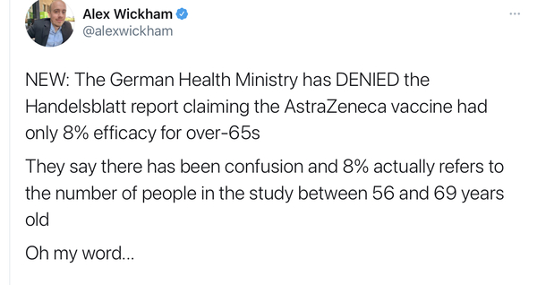 Germany saying AZ vaccine only 8% effective in over 65s *MNHQ noting that this story has been widely debunked*