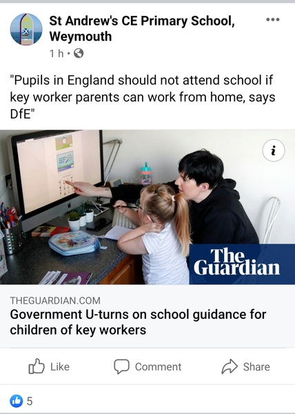 Todays u-turn from DfE, key workers working from home should NOT send kids to school