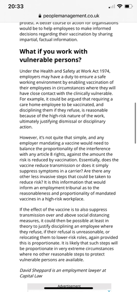 Employer disadvantaging and threatening staff who haven’t had the vaccine