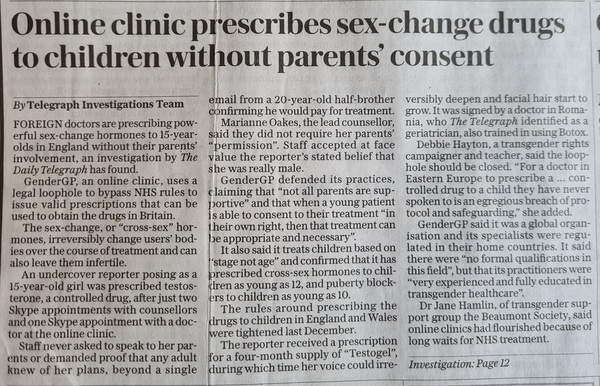 Online clinic prescribes sex-change drugs to children without parents' consent