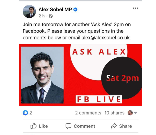 Alex Sobel doing a Facebook live event tomorrow