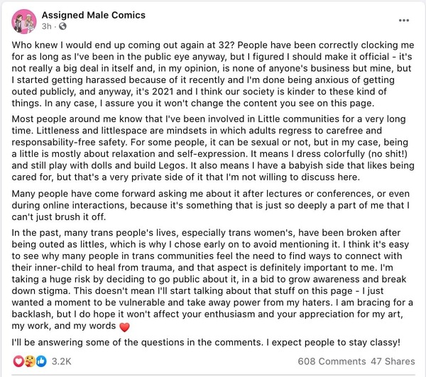 Creator of “assigned male” comics is a “little”