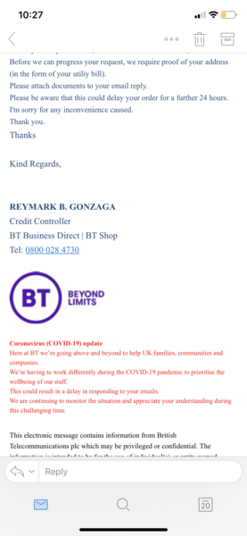 BT asking for utility bill before sending an order .. scam?