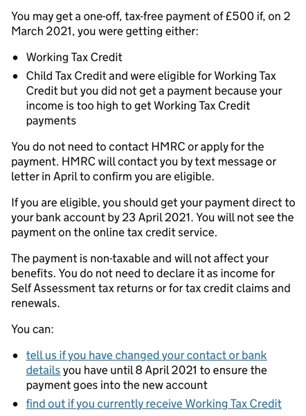 £500 one off payment tax credits.