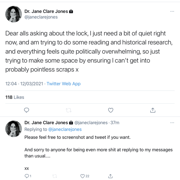 Dr Jane Clare Jones on Twitter this morning