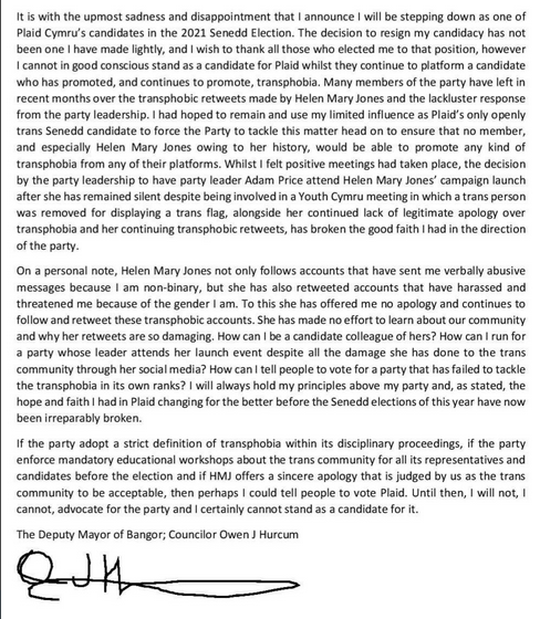 Helen Mary Jones statement. Plaid cymru politician apologises for transphobia and will seek re-education