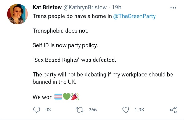 Bristow boasting about the “defeat of sex based rights”