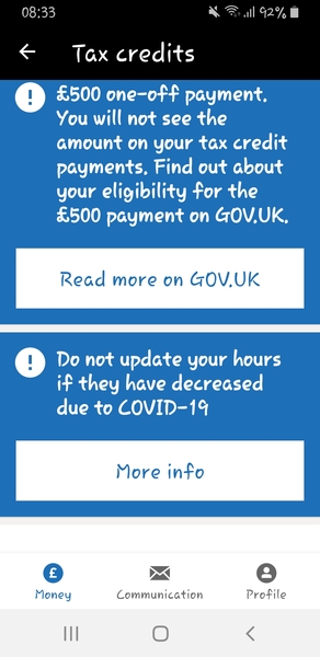 £500 one off payment tax credits.