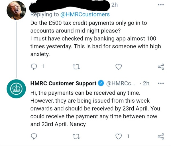 £500 one off payment tax credits.