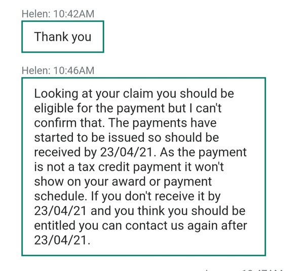 £500 one off payment tax credits.