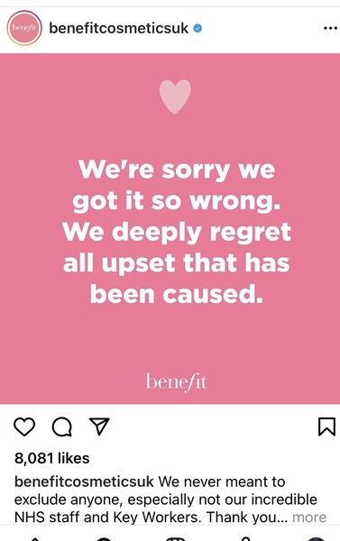 Benefit Cosmetics banned NHS staff due to working with covid patients