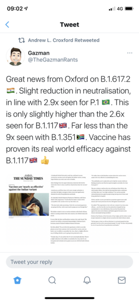 Vaccines appear to be nearly as effective against the Indian variant reports The Times