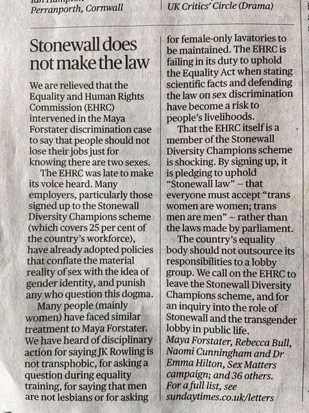 Stonewall Does Not Make the Law - letter to the Sunday Times - Maya Forstater and 40 other signatories