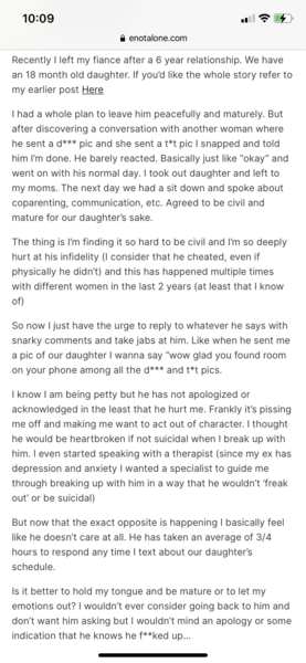 Trying to stay civil while coparenting with cheating ex