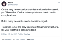 Gender affirmation ruins mental health, leads to the pain of transition regret which haunts people