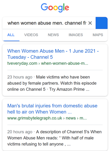 When Women Abuse Men. Channel 5 last night.