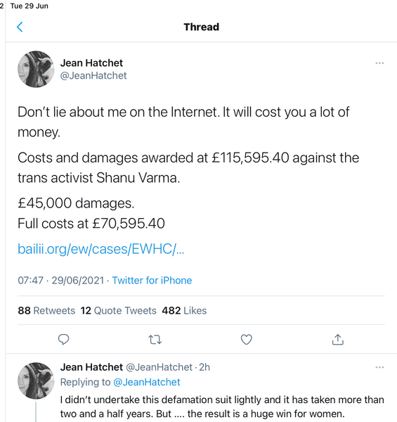 Woman targeted by transactivist wins damages for libel.