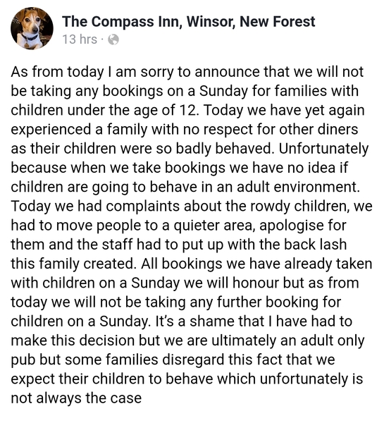 New Forest pub bans under 12 year olds...