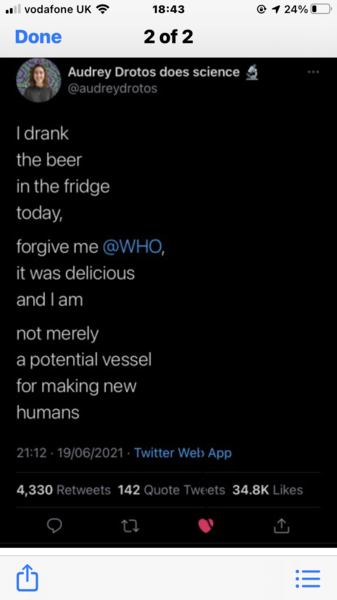 To think WHO are trying to commit organisational suicide? They’ve said that women of childbearing age should not drink alcohol AT ALL.