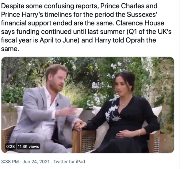 Charles financially supported the Sussexes until summer 2020