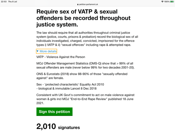 Petition Parliament for Sex to be recorded for all Violent & Sexual Offenders throughout CJS