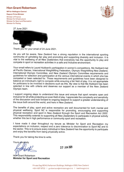 Response from NZ Minister for Sport & Recreation re Hubbard