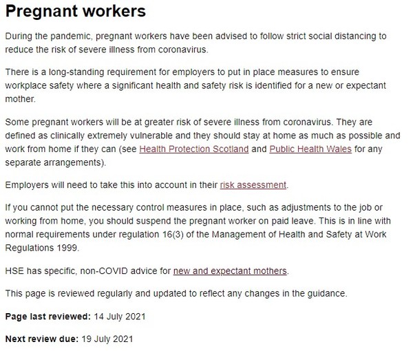 Updated HSE rules for pregnant women