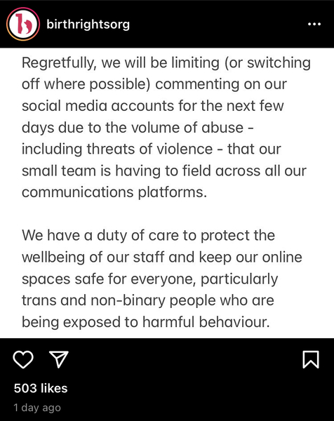 The charity "Birthrights" is being abused and threatened