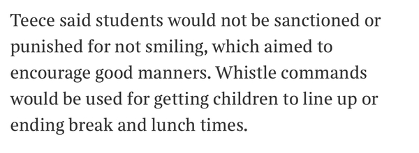 School where children must smile all the time, follow whistled commands and never glance out of the window