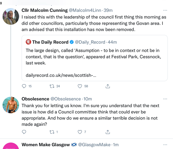 AIBU to think woman's spread legs on gates in Festival Park Glasgow is disturbing?