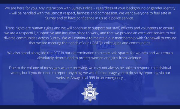 Surrey Police Commissioner: Stonewall pushes dangerous trans ideology