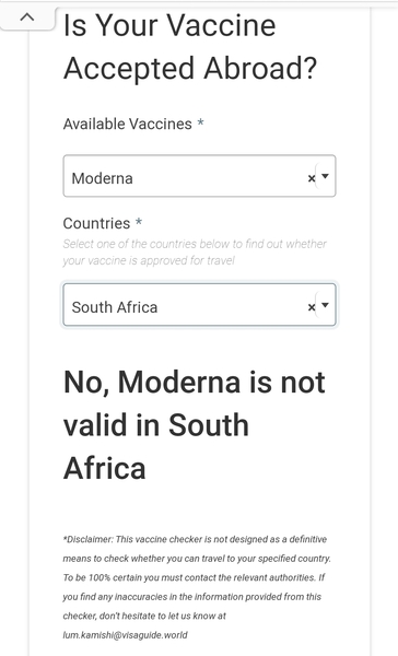 Travel check tool - vaccine acceptance per country