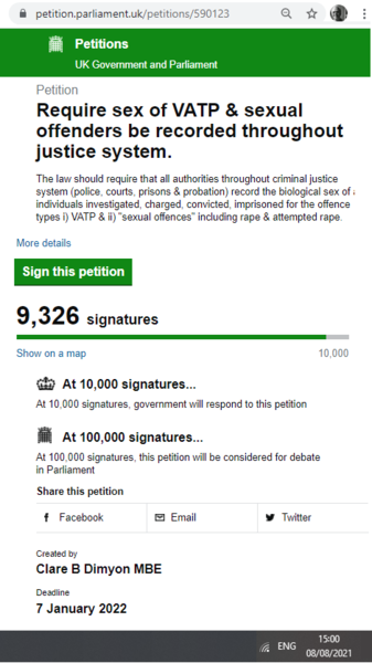 Petition Parliament for Sex to be recorded for all Violent & Sexual Offenders throughout CJS